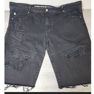 Grindhouse denim men’s 44 distressed moto jean shorts ripped black raw hem
